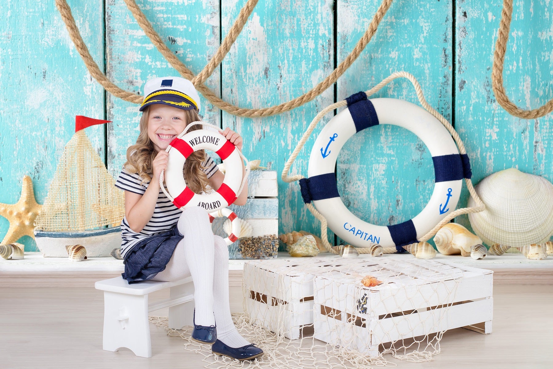 Summer Blue Boardwalk Swimming Circle Sailboat Shell Backdrop RR3-14