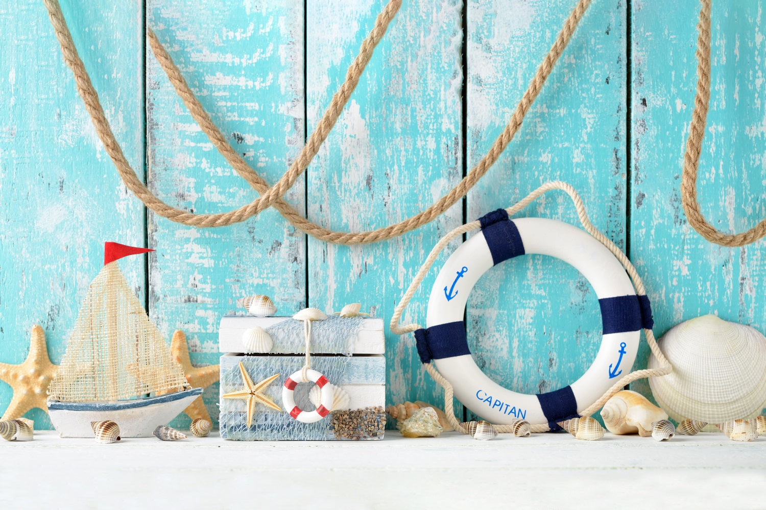 Summer Blue Boardwalk Swimming Circle Sailboat Shell Backdrop RR3-14