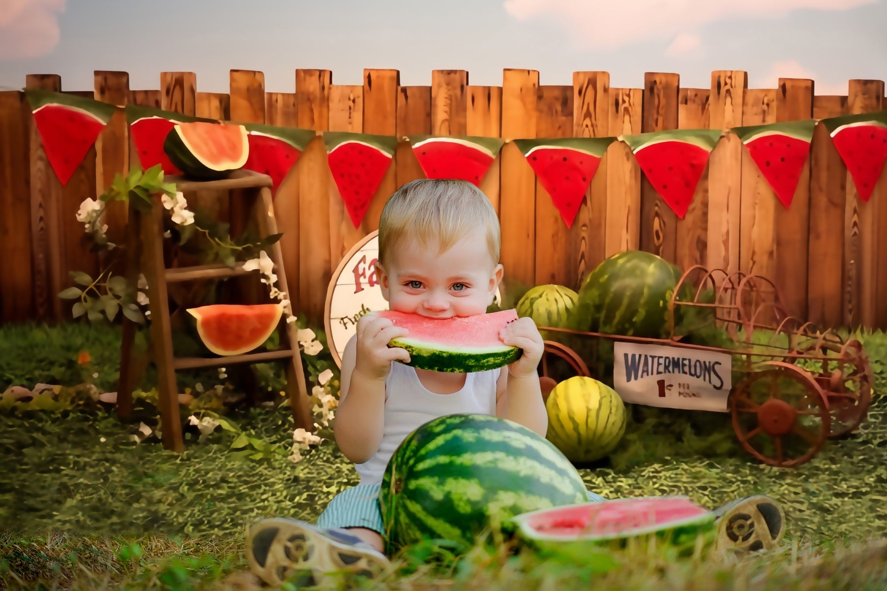 Summer Watermelon Market Wooden Fence Backdrop RR3-19