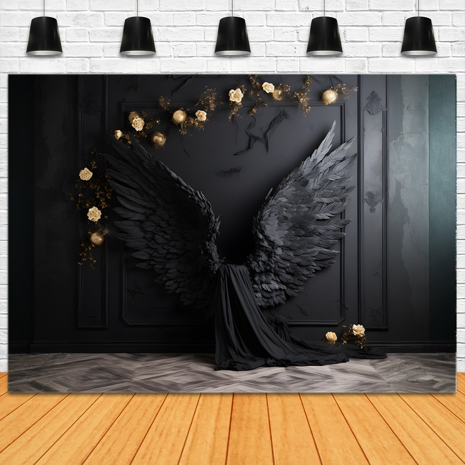 DBackdrop Black Classic Wall Angel Black Wings Champagne Rose Backdrop RR4-13