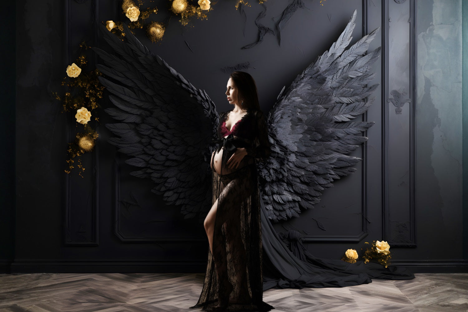 DBackdrop Black Classic Wall Angel Black Wings Champagne Rose Backdrop RR4-13