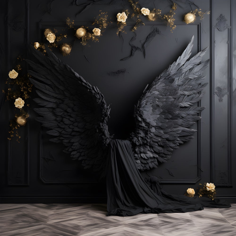 DBackdrop Black Classic Wall Angel Black Wings Champagne Rose Backdrop RR4-13
