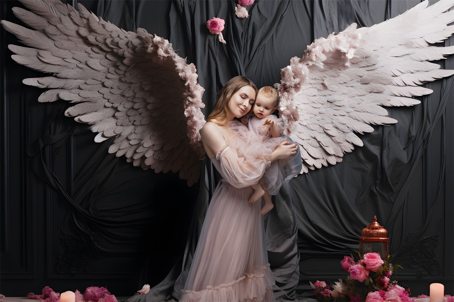 DBackdrop Black Classic Wall Angel White Wings Pink Rose Backdrop RR4-14