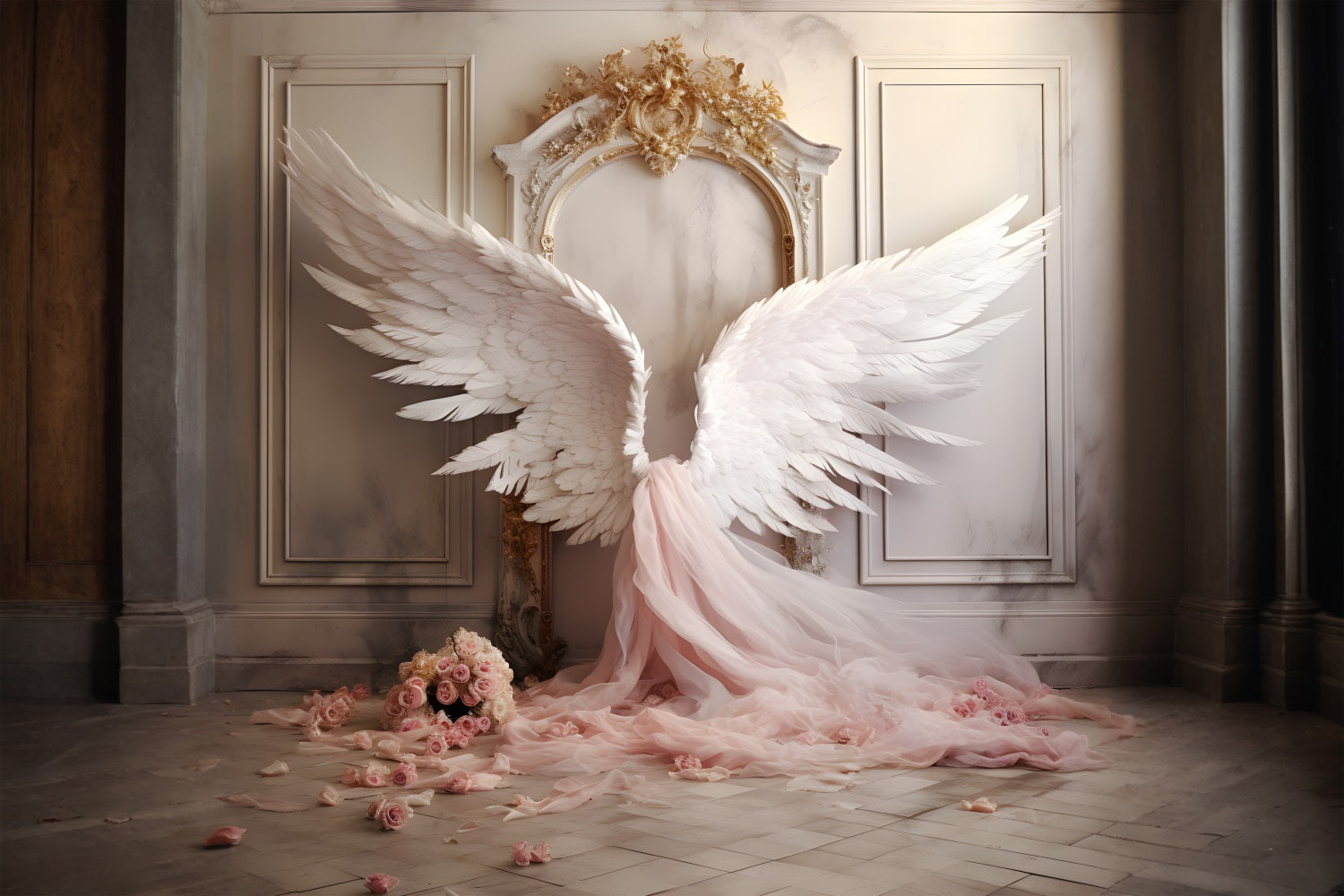 DBackdrop Vintage Wall Pink Elegant Angel Wings Tulle Rose Backdrop RR4-19