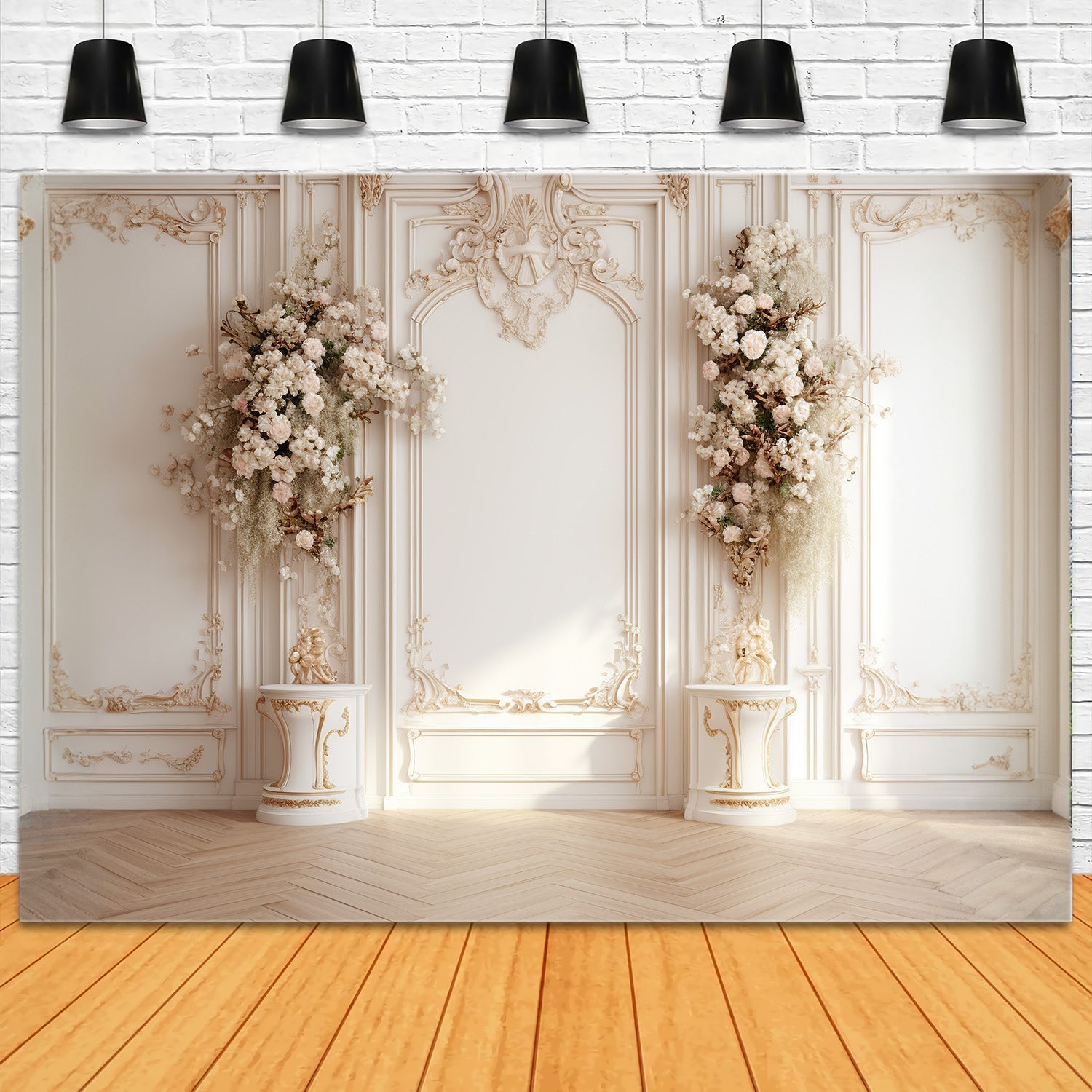 DBackdrop White Classic Vintage Wall Fresh Floral Embellished Backdrop RR4-25