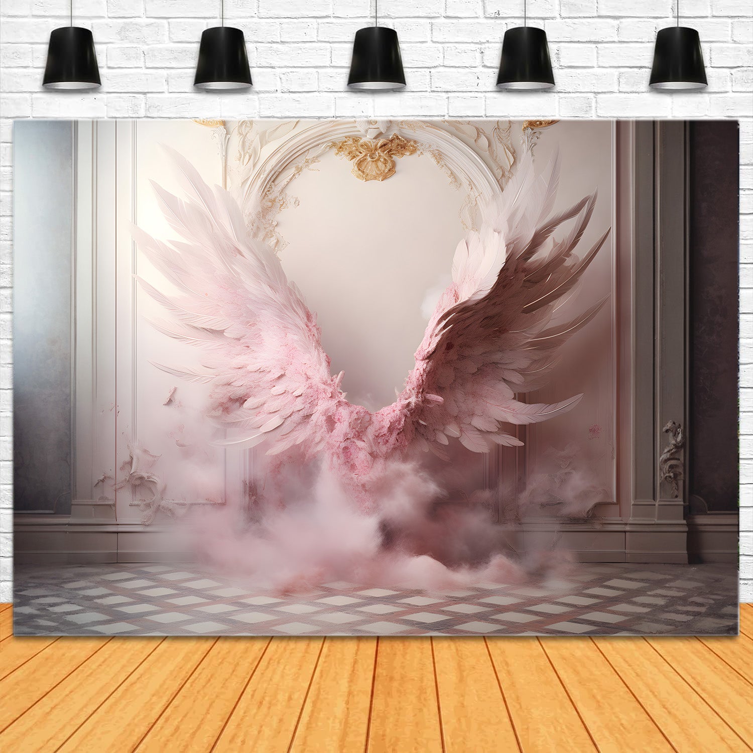 DBackdrop Vintage Wall Plaid Floor Pink Wings Backdrop RR4-29