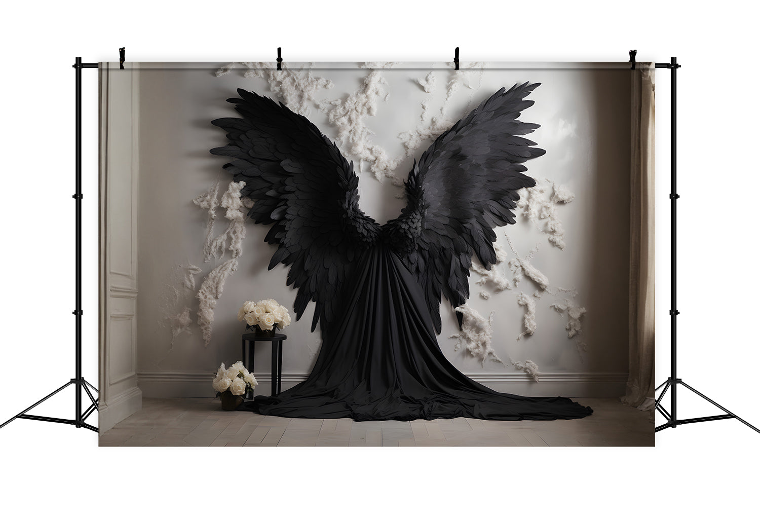 DBackdrop White Wall Black Wings White Rose Backdrop RR4-32