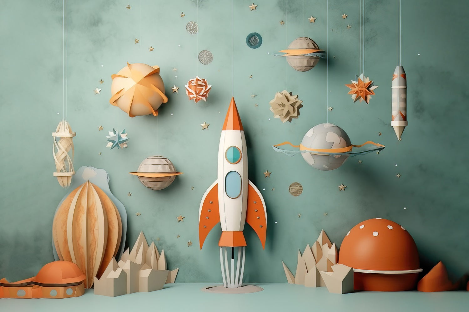 Warm Childish Paper Cutout Rocket Cosmic Planet Backdrop RR5-11