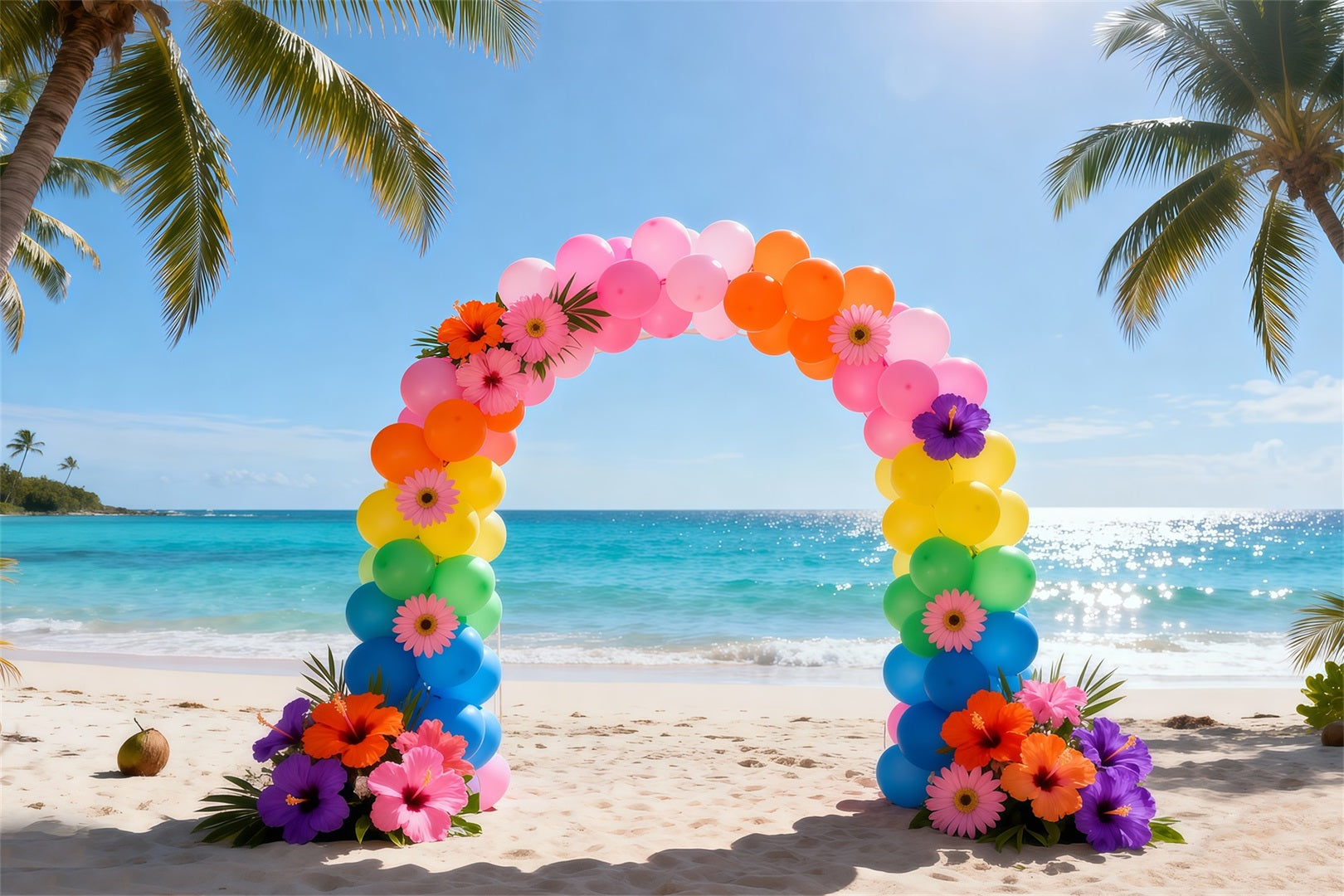Beach Backdrop Rainbow Balloon Flower Arch Summer Photo Booth Backdrop Ideas UK RR61-1