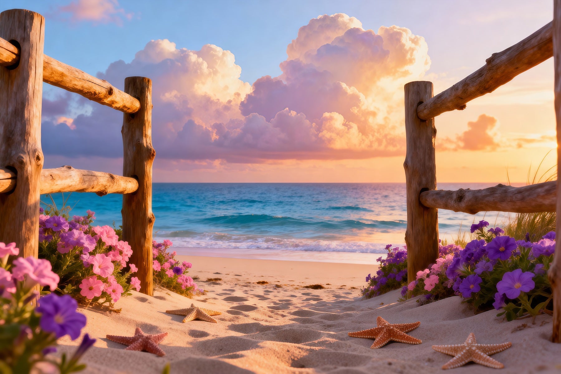 Beach Photography Backdrop Wooden Fence Starfish Path Summer Themed Backdrop UK RR61-10
