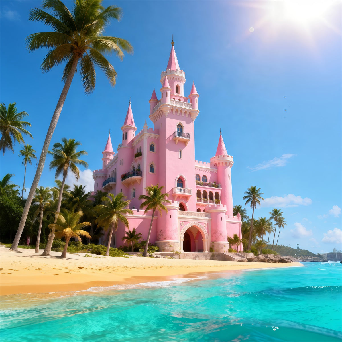 Beach Scene Backdrops Pink Castle Palm Trees Summer Photography Backdrop UK RR61-11