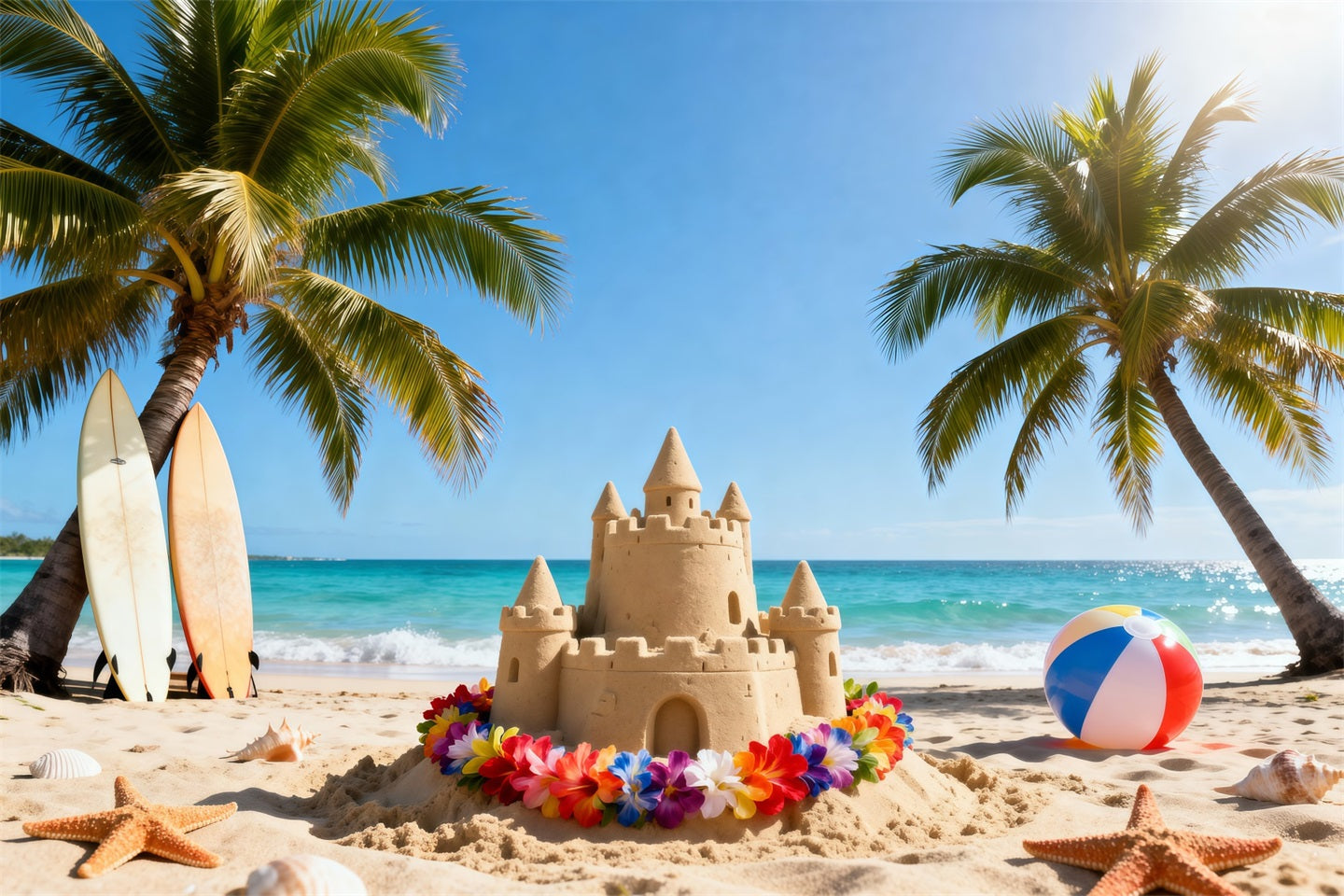 Beach Themed Backdrop Colorful Sandcastle Flowers Summer Vibes Backdrop UK RR61-12