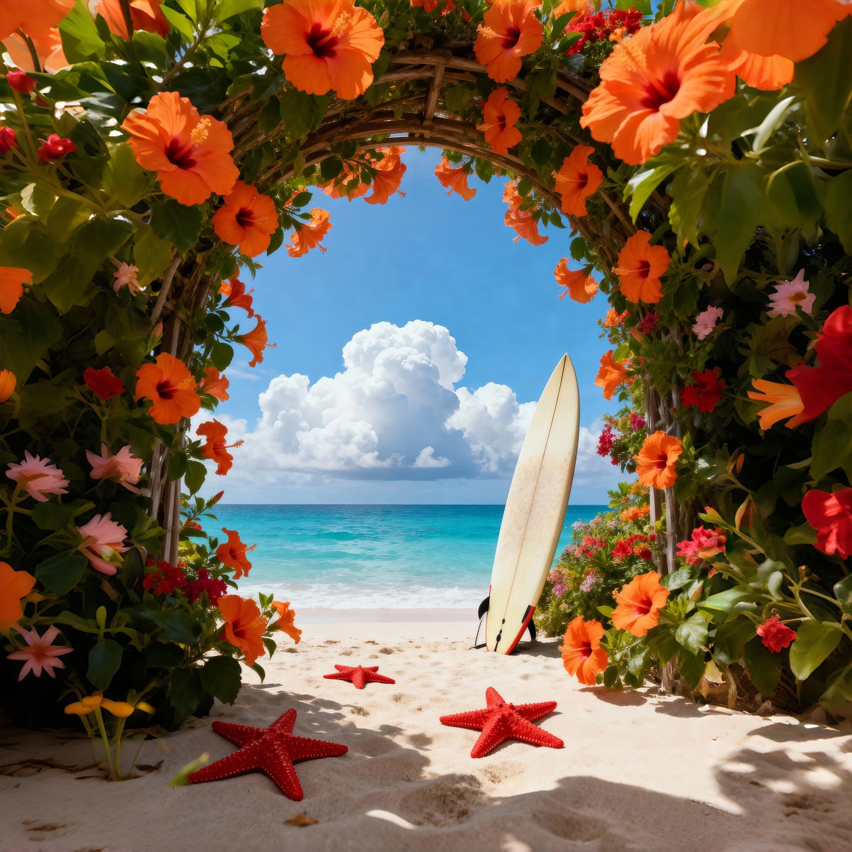 Tropical Beach Photo Backdrop Flower Arch Starfish Path Summer Backdrop UK RR61-17