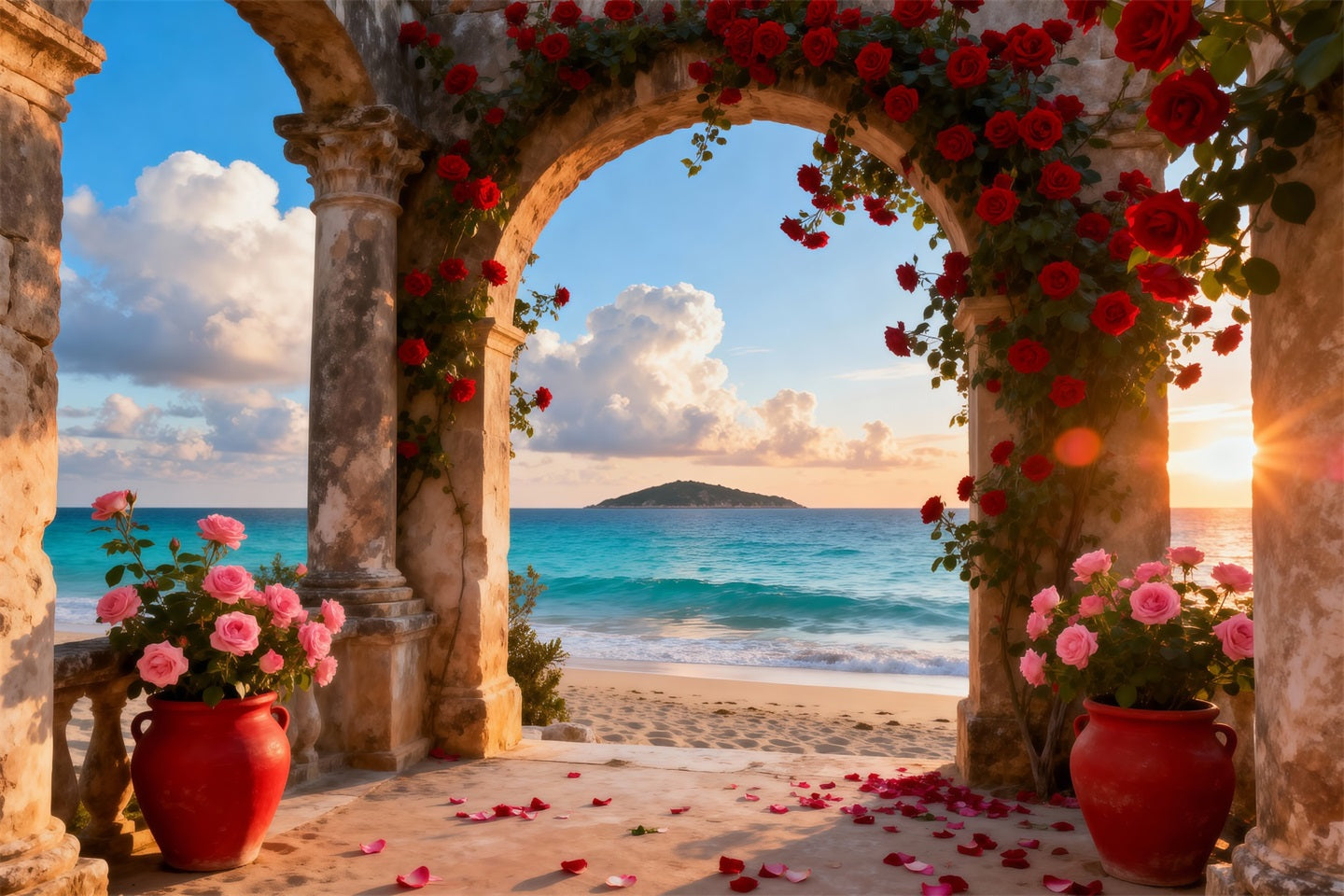 Beach Backdrops Romantic Rose Arch Ocean Summer Photo Backdrop UK RR61-30