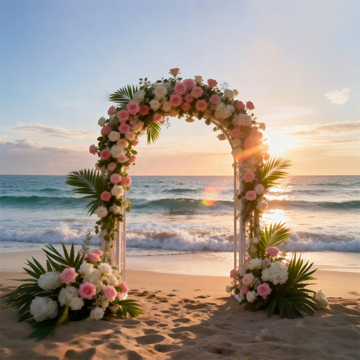 Beach Scene Backdrop Floral Wedding Arch Sunset Summer Photo Booth Backdrop UK RR61-33