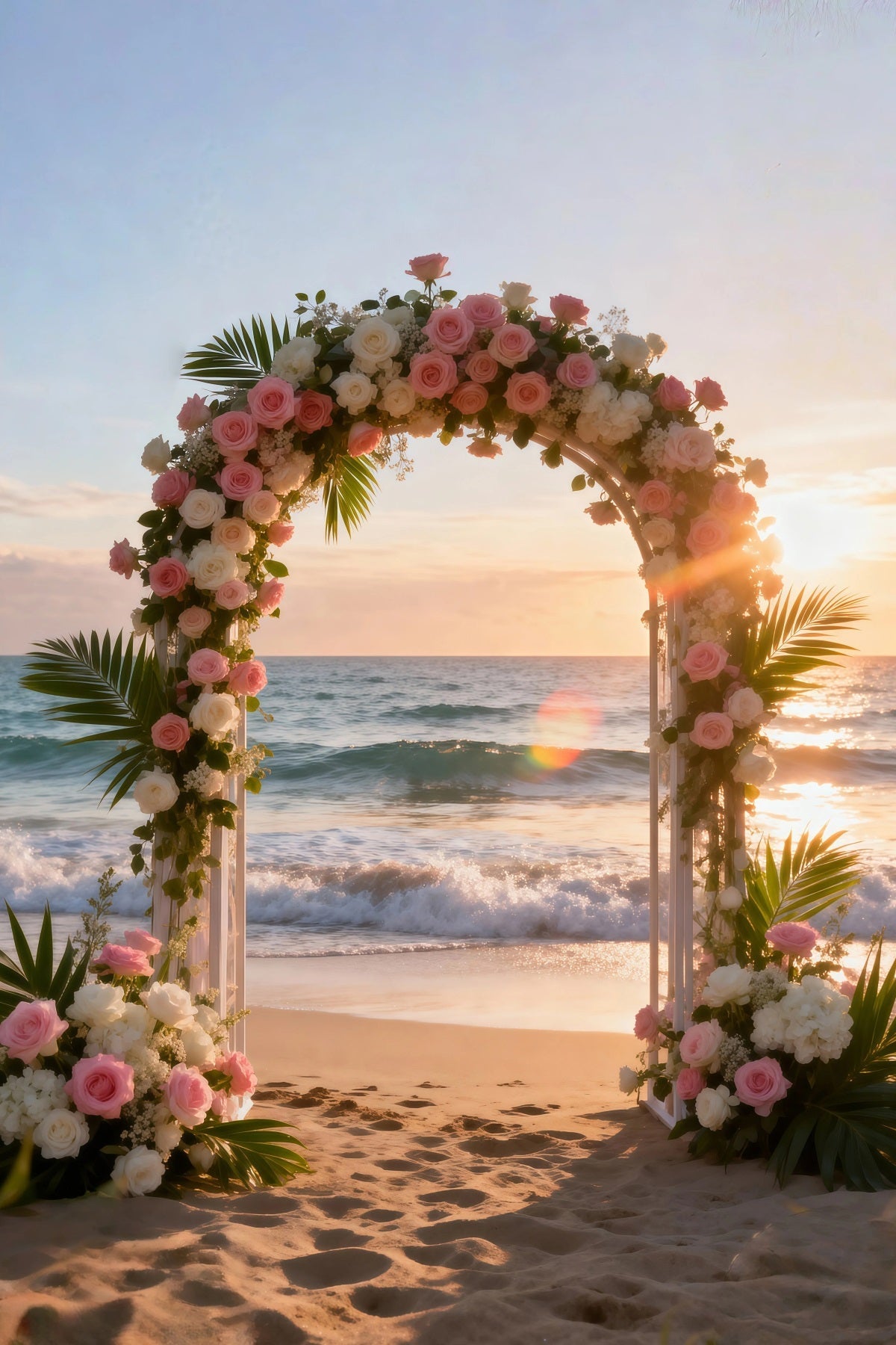 Beach Scene Backdrop Floral Wedding Arch Sunset Summer Photo Booth Backdrop UK RR61-33
