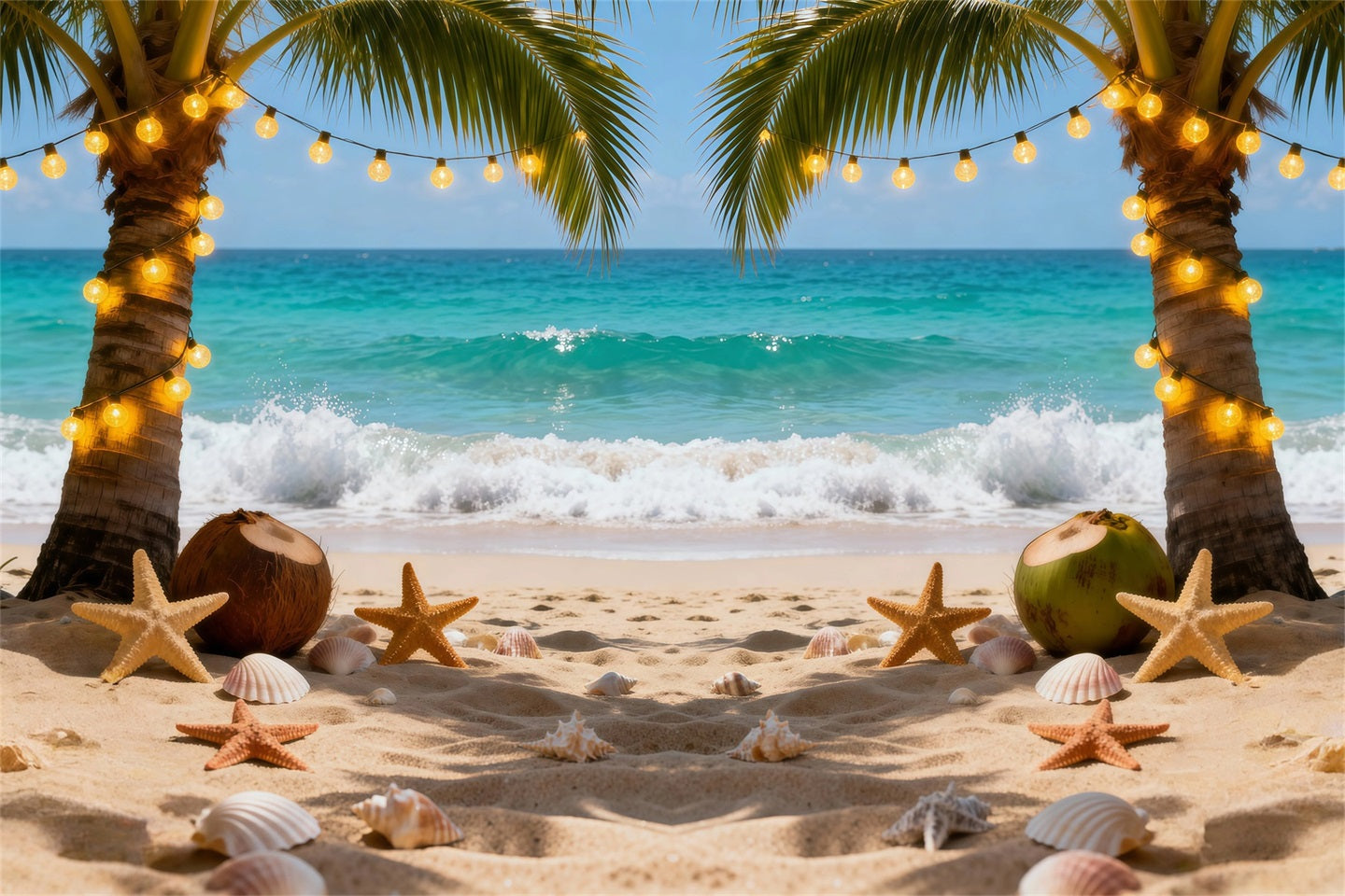 Beach Theme Backdrop Night Palm String Lights Summer Photo Backdrops UK RR61-5