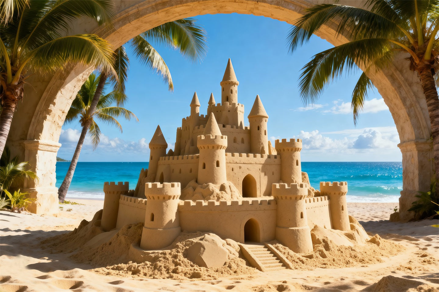 Beach Sand Backdrop Tropical Sandcastle Ocean View Summer Themed Backdrop UK RR61-7