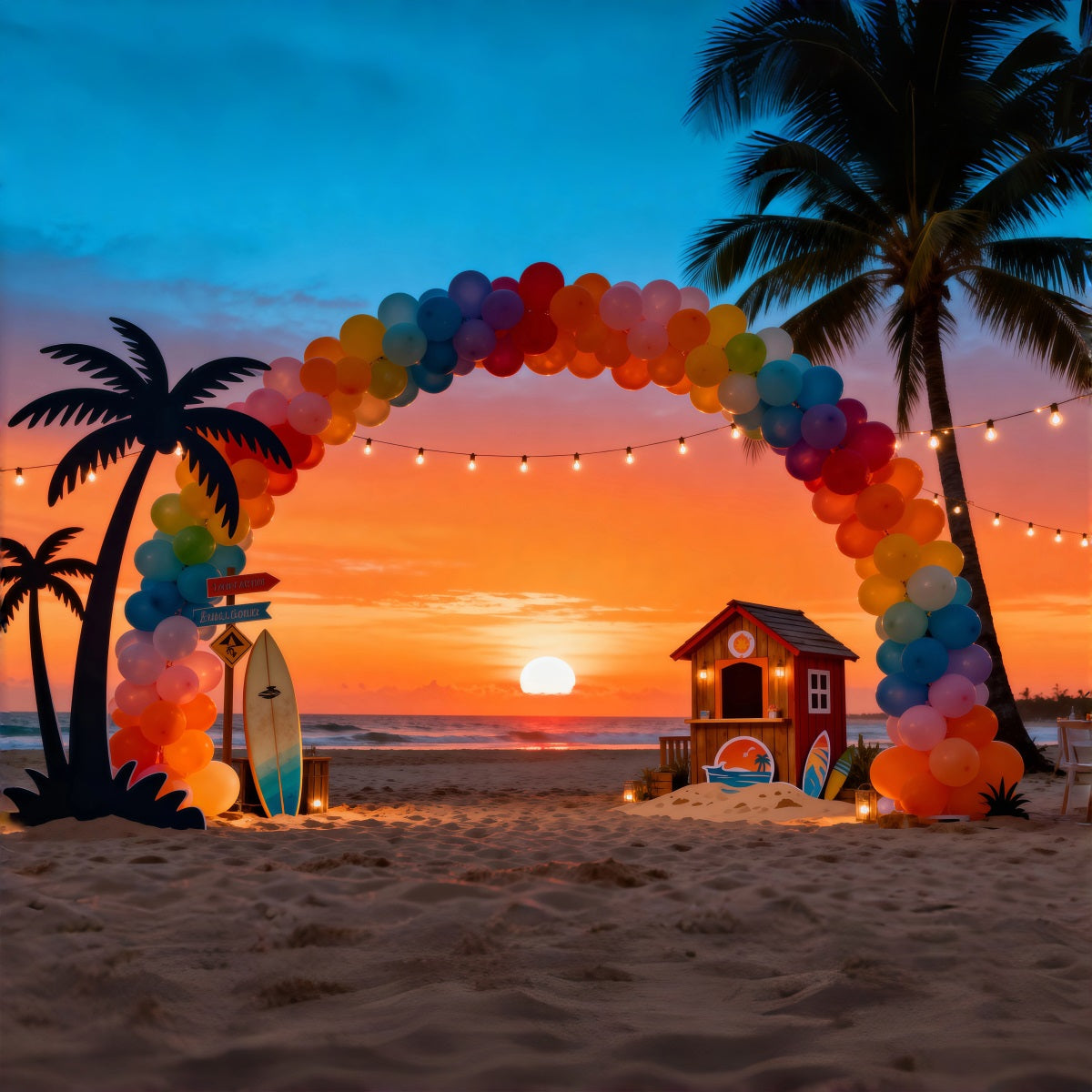 Beach Sunset Backdrop Balloon Arch Palm Trees Summer Theme Backdrop UK RR61-8