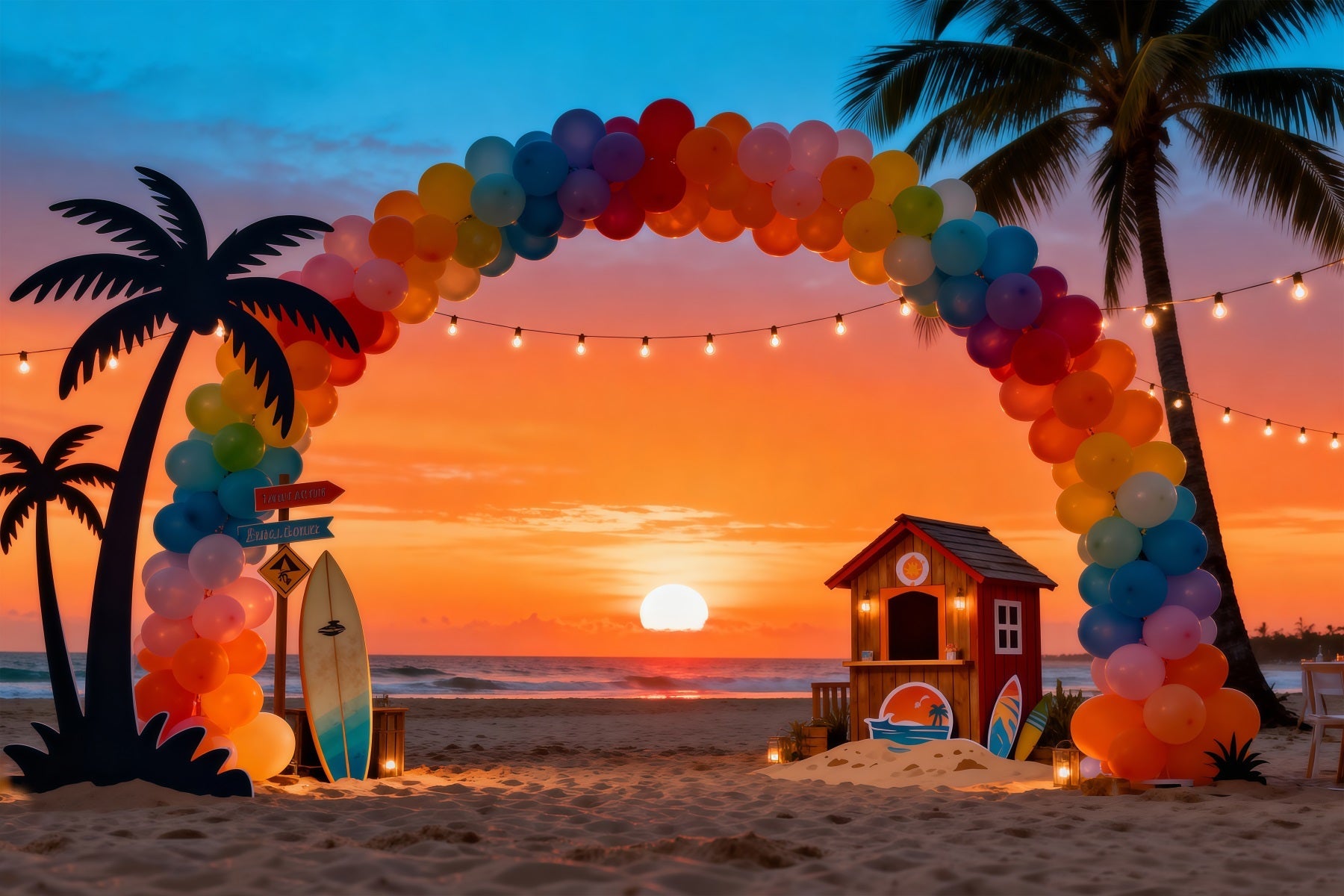Beach Sunset Backdrop Balloon Arch Palm Trees Summer Theme Backdrop UK RR61-8