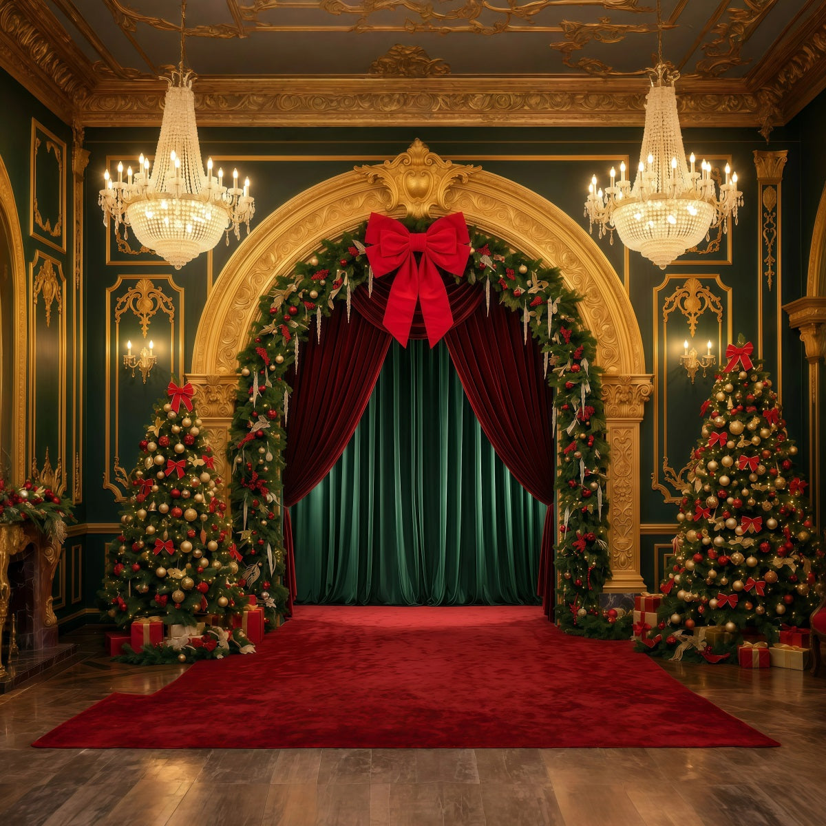 Christmas Stage Backdrops Golden Arch Velvet Entrance Christmas Stage Backdrop UK RR610-1