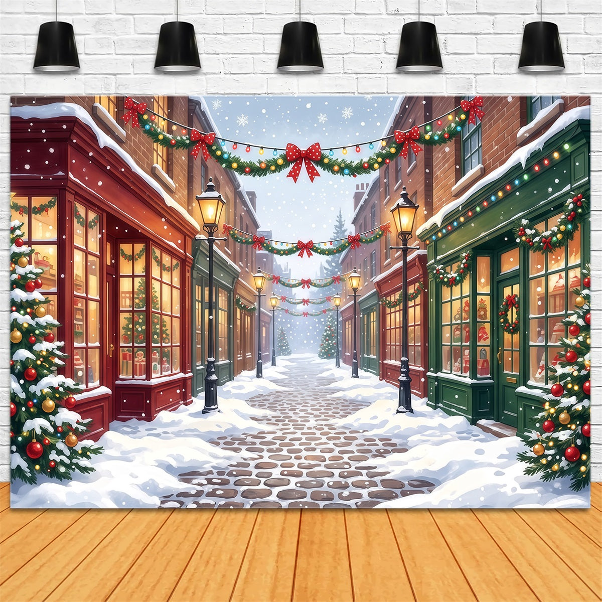 Christmas Village Backdrops Snowy Decorated Shopping Street Christmas Street Backdrop UK RR610-103
