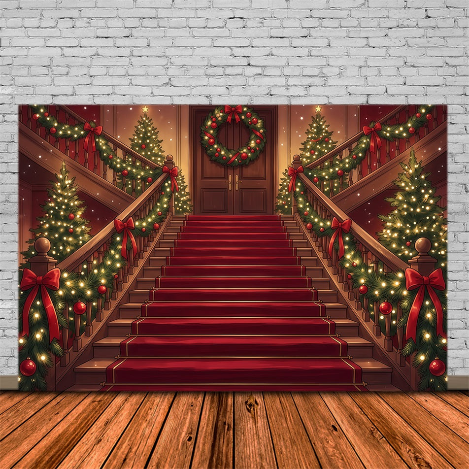 Christmas Scene Backdrop Garland Wrapped Grand Staircase Christmas Staircase Backdrop UK RR610-105