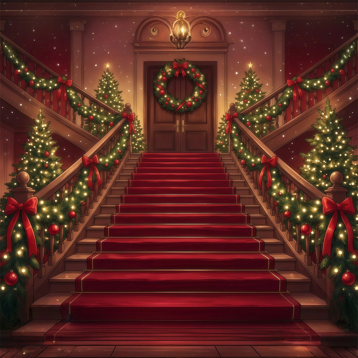 Christmas Scene Backdrop Garland Wrapped Grand Staircase Christmas Staircase Backdrop UK RR610-105