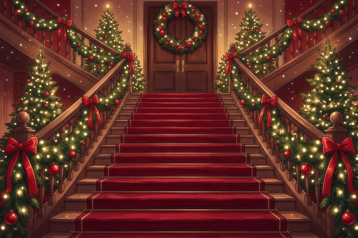 Christmas Scene Backdrop Garland Wrapped Grand Staircase Christmas Staircase Backdrop UK RR610-105