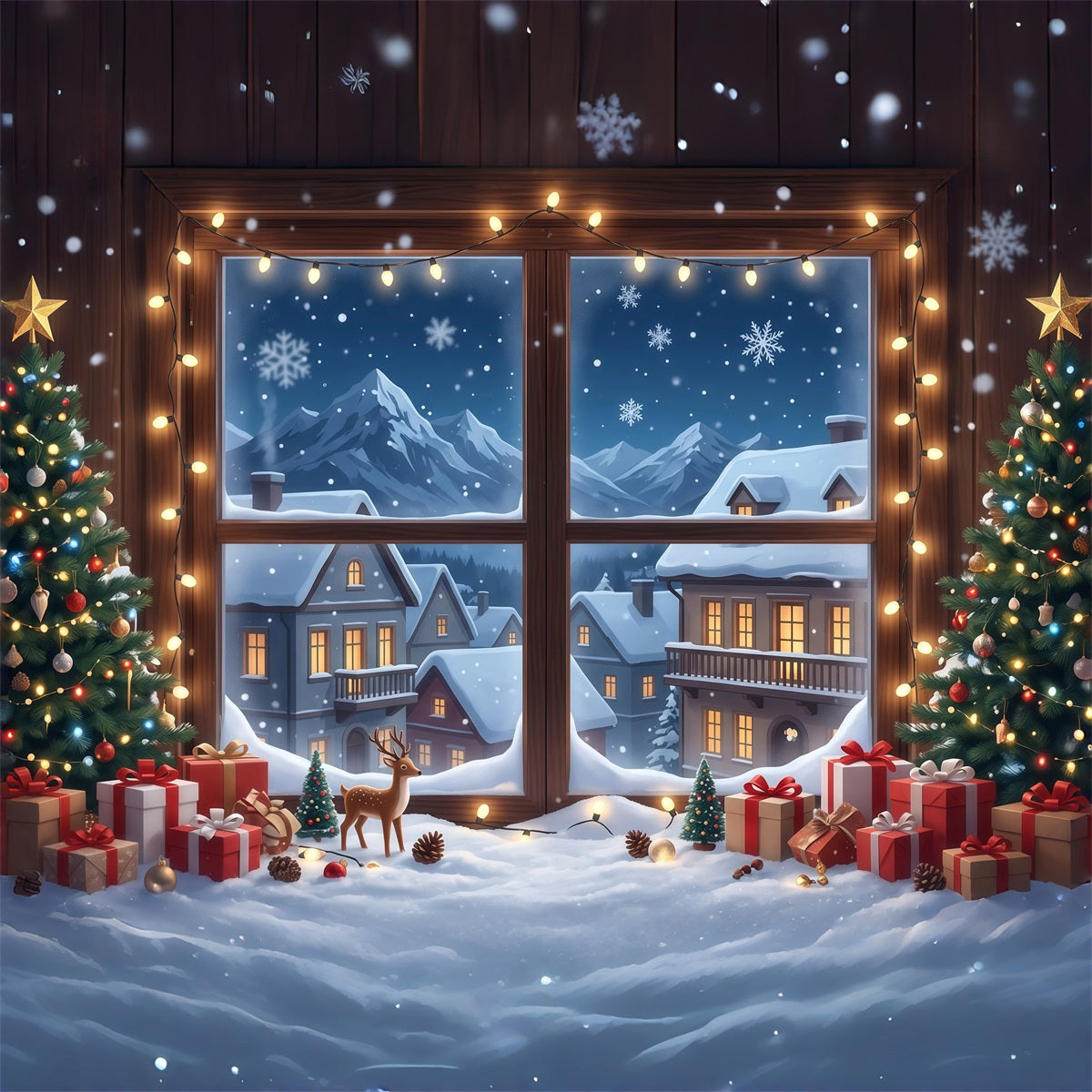 Winter Christmas Backdrop Snowy House Window Display Christmas Village Backdrops UK RR610-107
