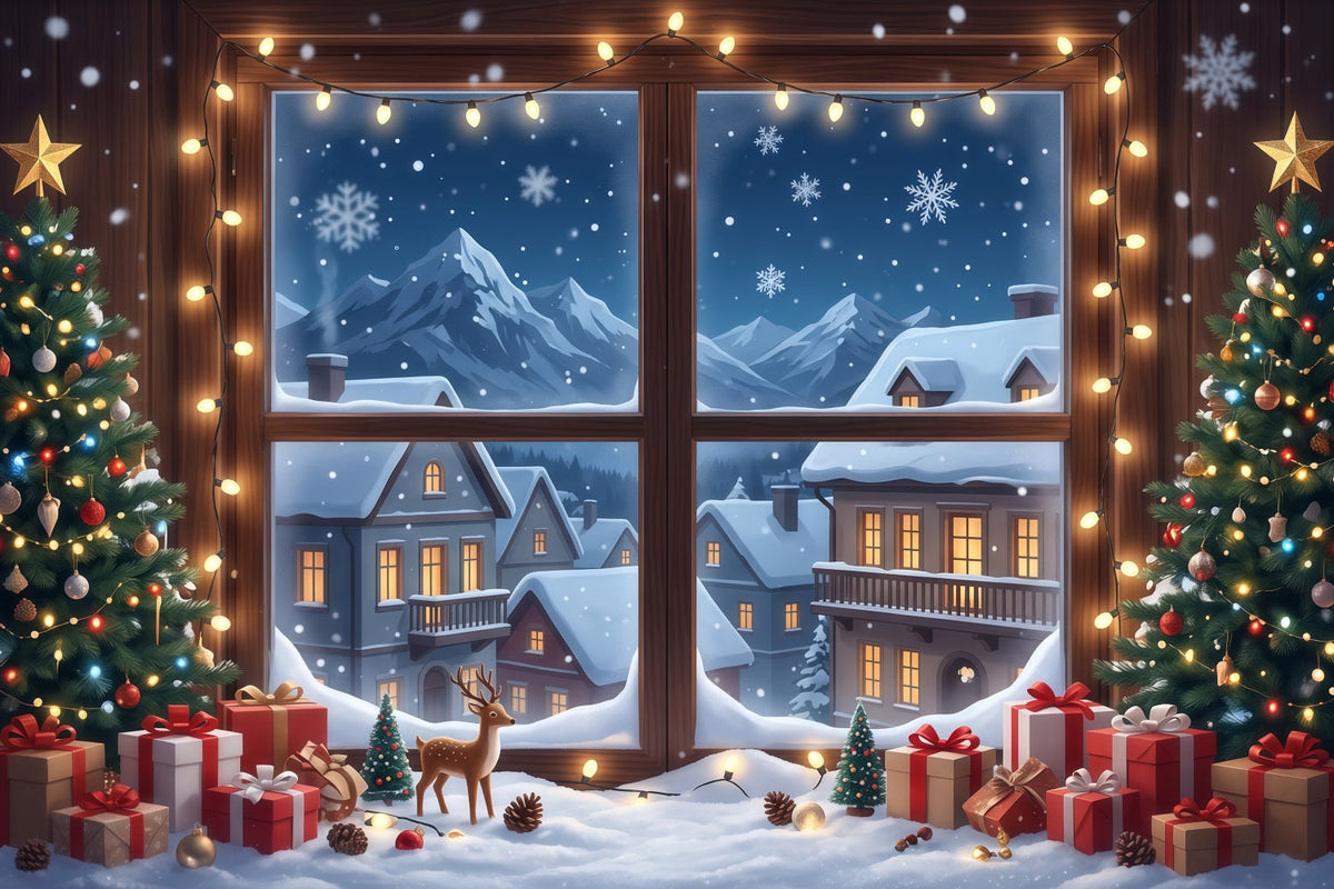 Winter Christmas Backdrop Snowy House Window Display Christmas Village Backdrops UK RR610-107
