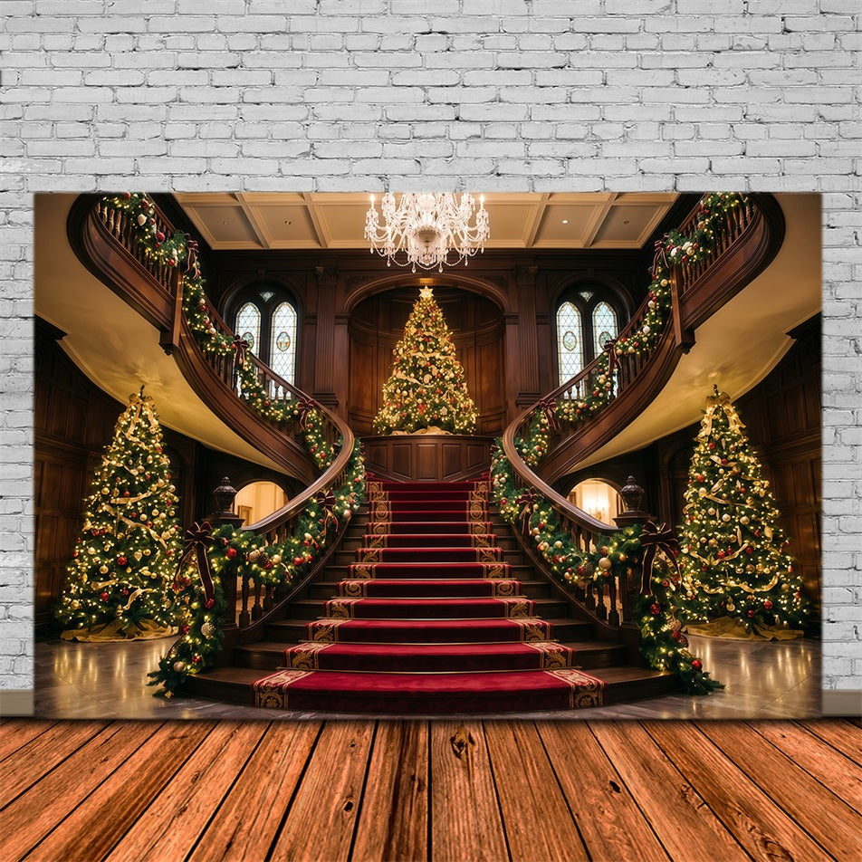 Living Room Christmas Backdrop Ornate Double Staircase Foyer Christmas Wall Backdrop UK RR610-108