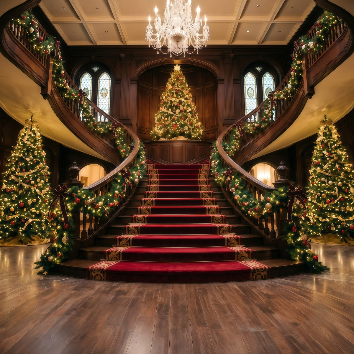 Living Room Christmas Backdrop Ornate Double Staircase Foyer Christmas Wall Backdrop UK RR610-108