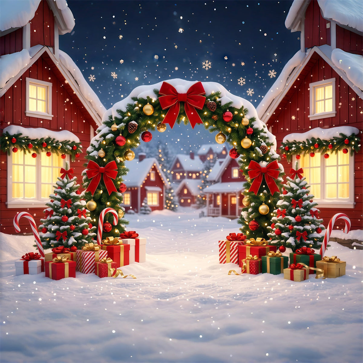 Christmas Village Backdrops Snowy Wreath House Arch Christmas Themed Backdrops UK RR610-112
