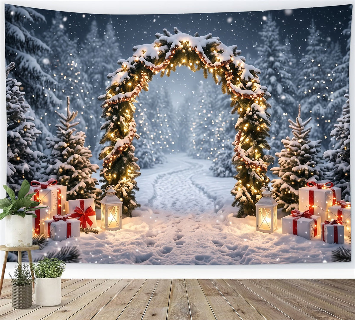 Christmas Backdrops for Photos Snowy Evergreen Lantern Arch Winter Wonderland Christmas Backdrop UK RR610-119