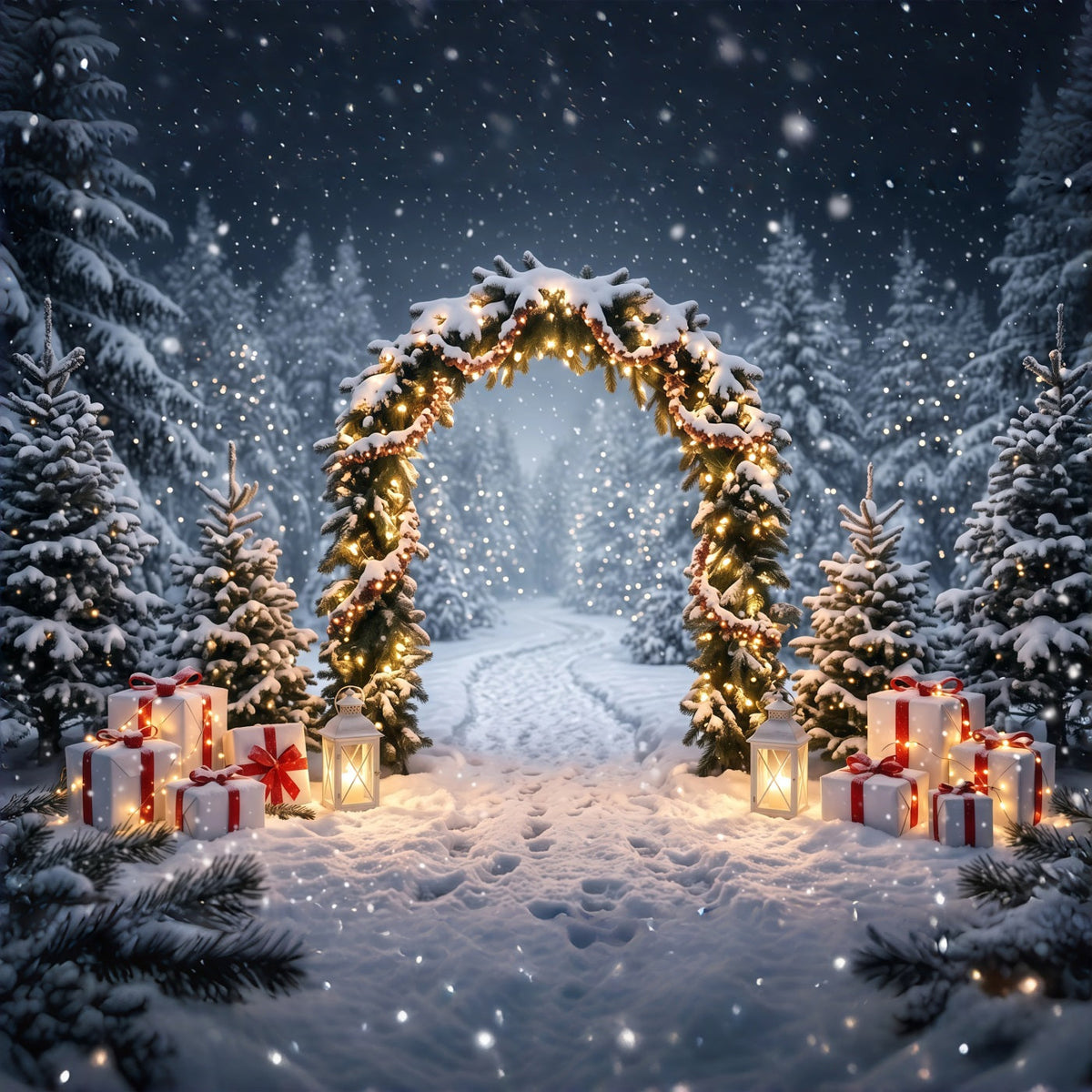 Christmas Backdrops for Photos Snowy Evergreen Lantern Arch Winter Wonderland Christmas Backdrop UK RR610-119