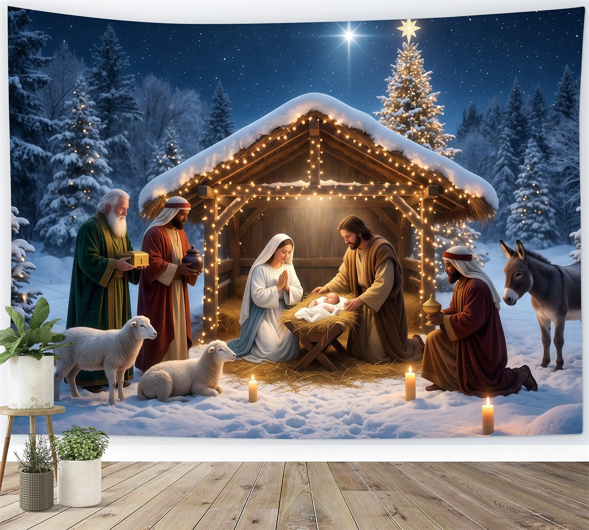 Christmas Photoshoot Backdrop Snowy Nativity Stable Gathering Backdrop Of Bethlehem UK RR610-12