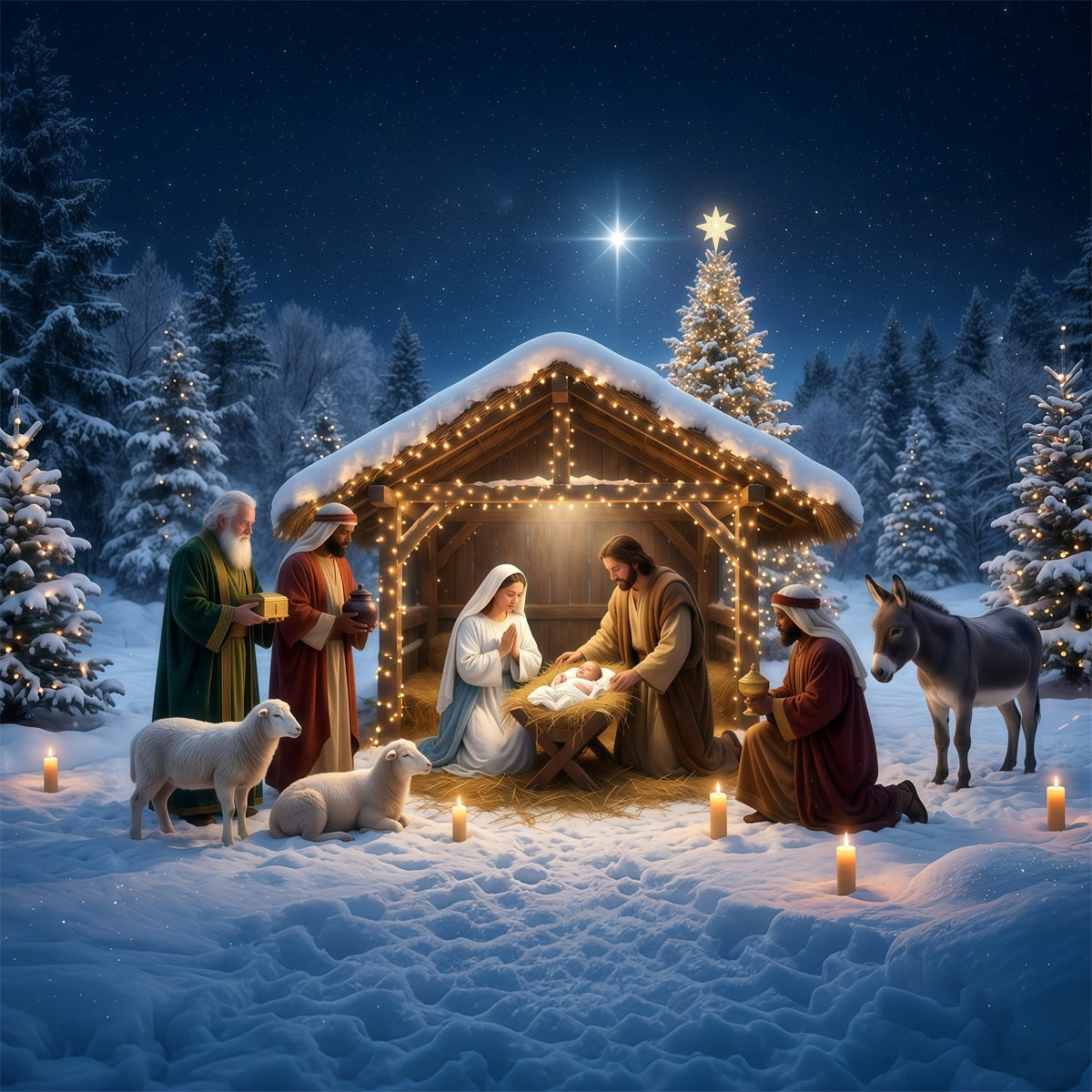 Christmas Photoshoot Backdrop Snowy Nativity Stable Gathering Backdrop Of Bethlehem UK RR610-12