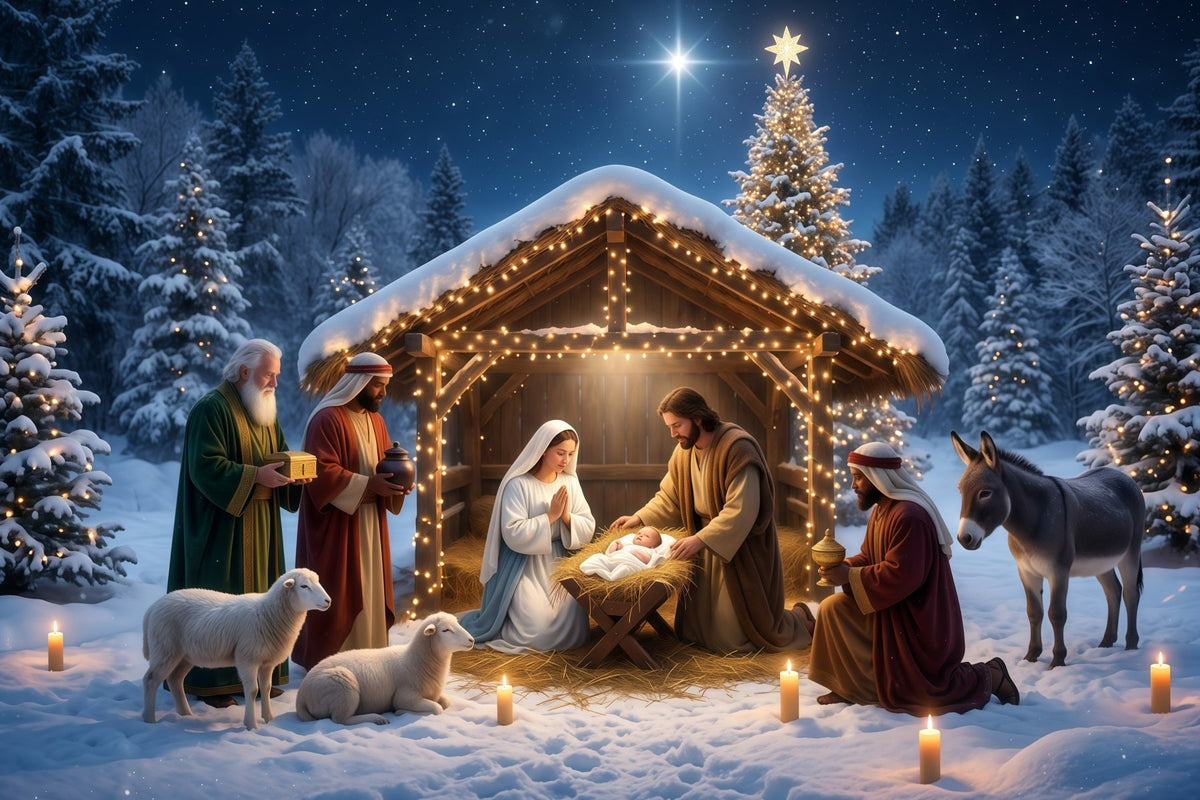 Christmas Photoshoot Backdrop Snowy Nativity Stable Gathering Backdrop Of Bethlehem UK RR610-12