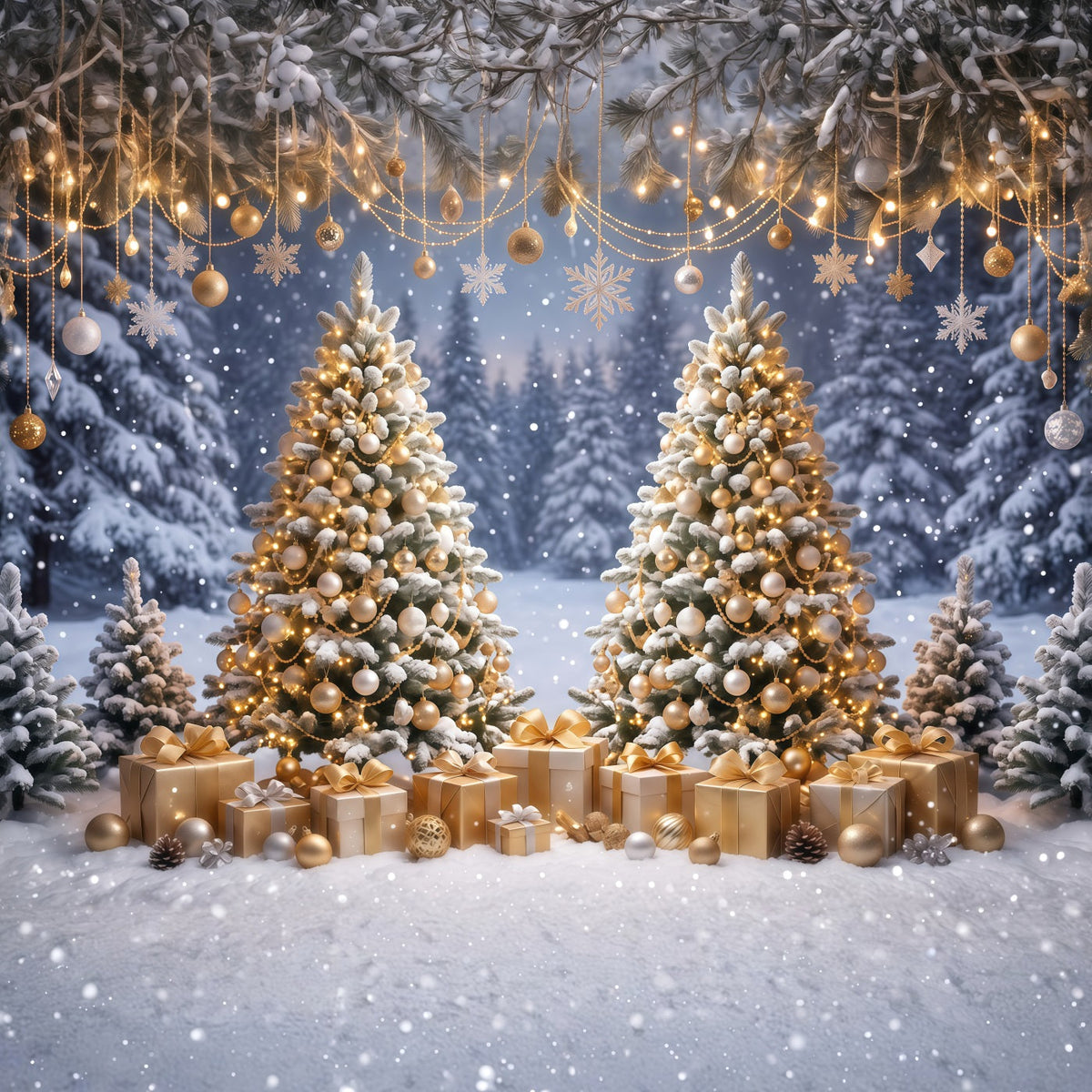 Christmas Backdrop for Photos Golden Ornament Twin Trees Christmas Card Backdrop UK RR610-121