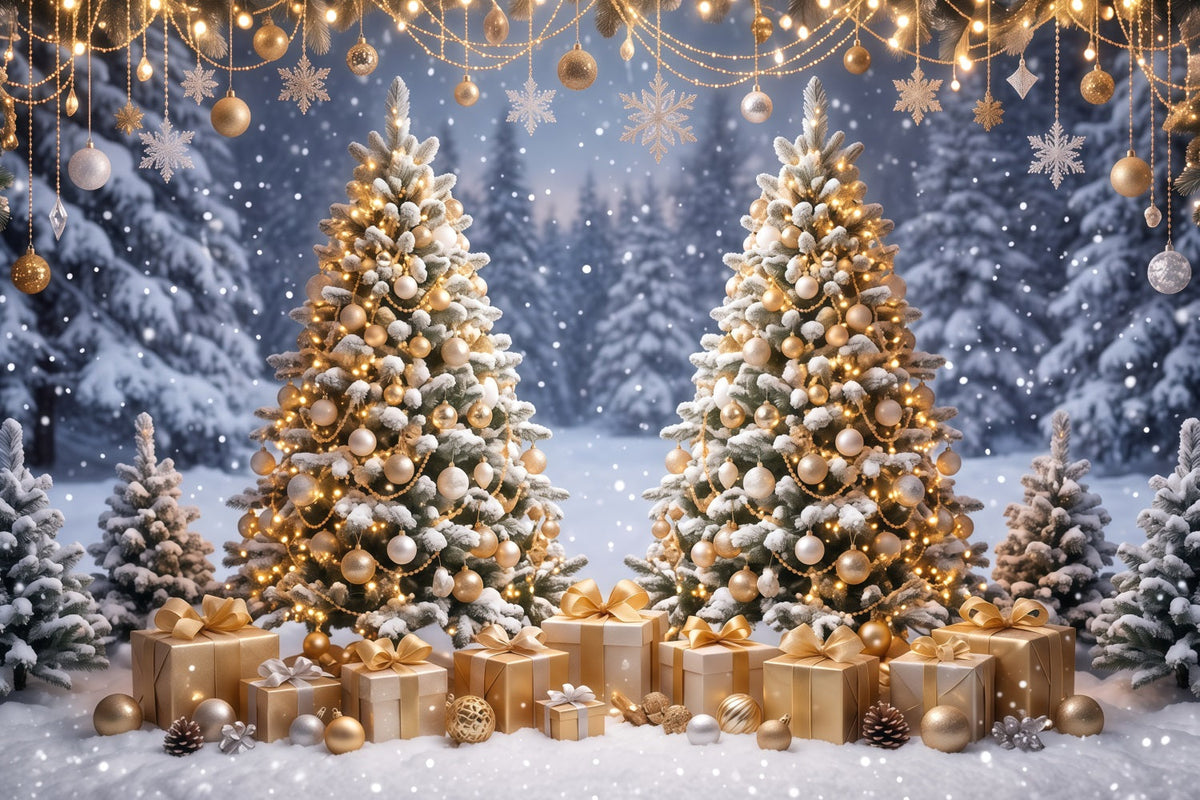 Christmas Backdrop for Photos Golden Ornament Twin Trees Christmas Card Backdrop UK RR610-121