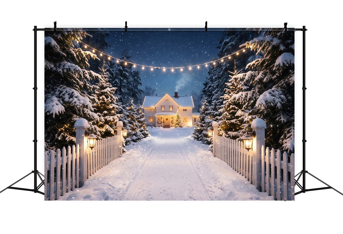 Christmas Lights Photo Backdrop Snowy White House Driveway Christmas Photobooth Backdrop UK RR610-122