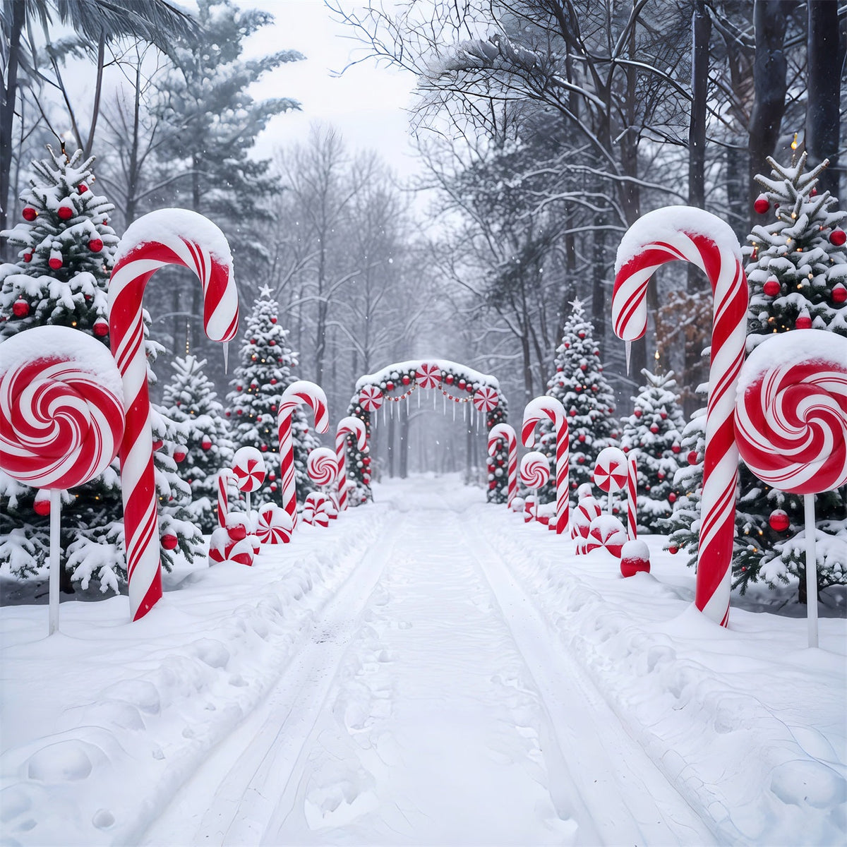 Christmas Candy Cane Backdrop Snowy Forest Pathway Christmas Backdrops for Stage UK RR610-126