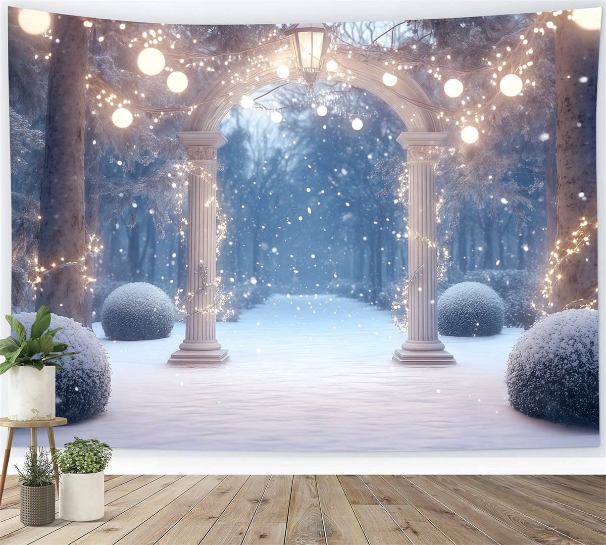 Christmas Forest Backdrop Snowy Illuminated Garden Arch Christmas Portrait Backdrop UK RR610-127