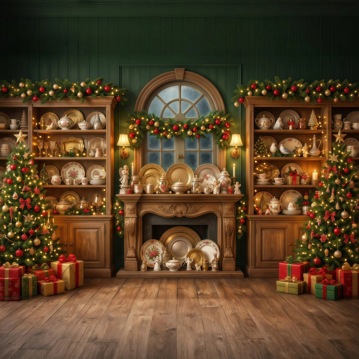 Santa Backdrop Festive Vintage China Cabinet Christmas Backdrop for Party UK RR610-128