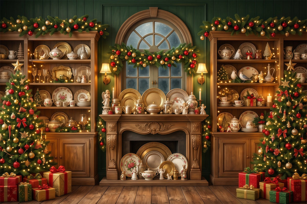 Santa Backdrop Festive Vintage China Cabinet Christmas Backdrop for Party UK RR610-128