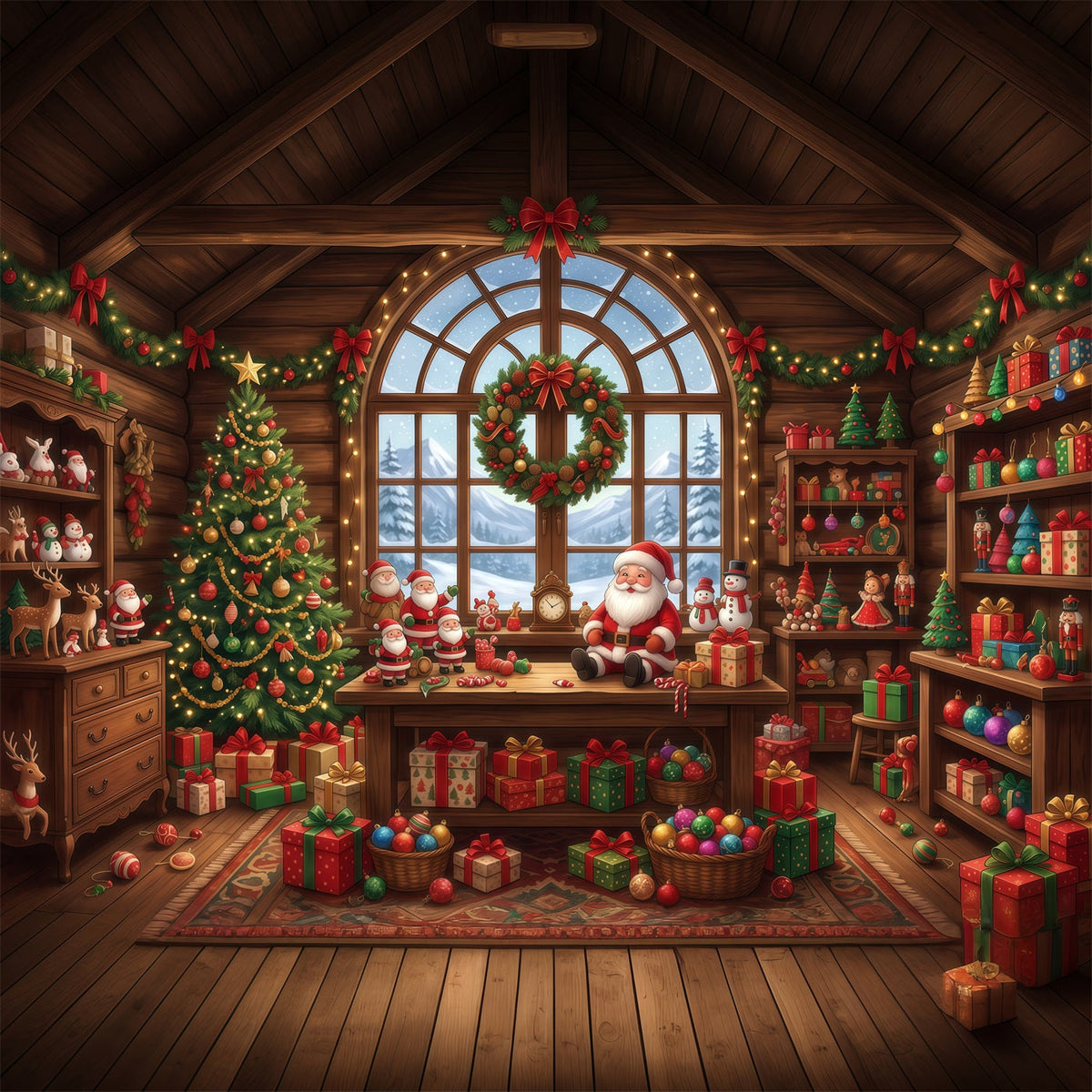 Santa Backdrop Rustic Toy Workshop Interior Christmas Backdrop for Party UK RR610-129