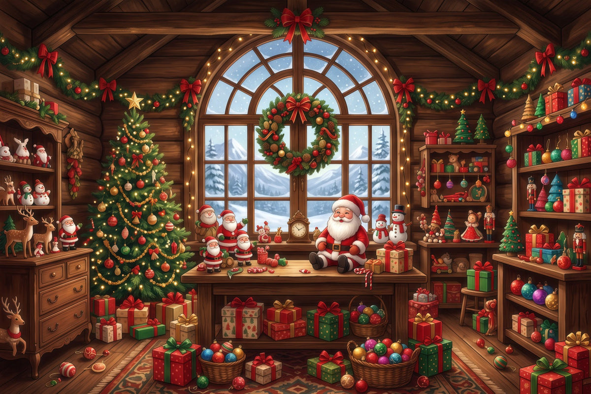 Santa Backdrop Rustic Toy Workshop Interior Christmas Backdrop for Party UK RR610-129