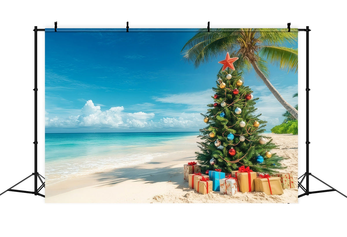 Christmas Tree Backdrops Tropical Beachside Decorated Tree Christmas Themed Backdrop UK RR610-130