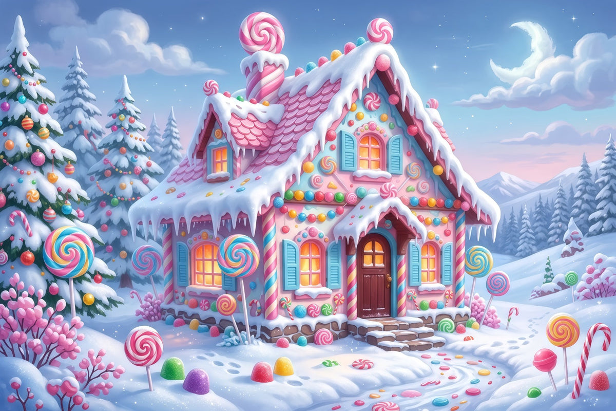 Gingerbread House Backdrop Snow Pastel Candy Cottage Christmas Wall Backdrops UK RR610-133